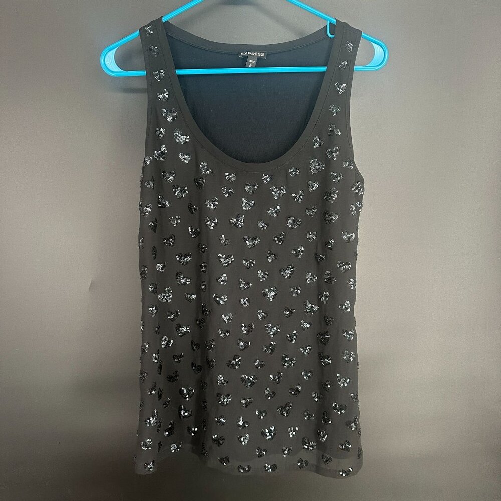 Express Black Liner Sheer Slinky Overlay Heart Sequin Top Tank Size Small